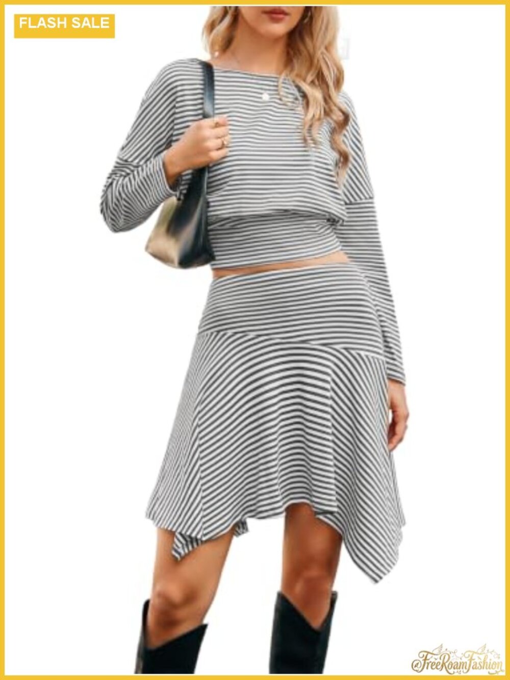 Women's Striped Two-Piece Skirt Set Long Sleeve Crop Top Mini Skirt
